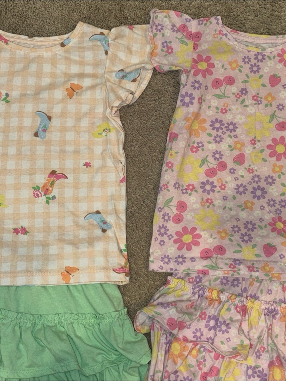 Girls Two-Piece Floral & Cowboy Gingham Ruffle Sets - Pink, Yellow, Mint - Picture 2 of 4